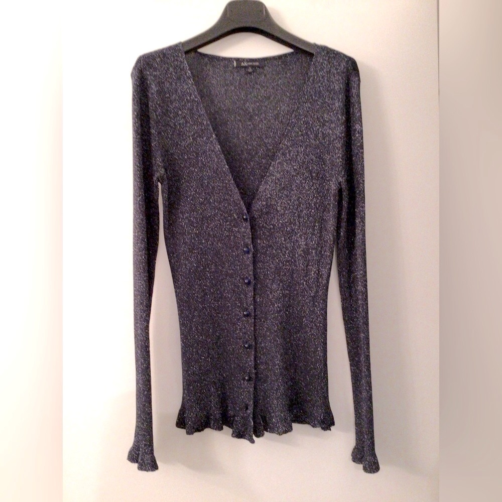 ANNE KLEIN Navy Sparkling Metallic V-Neck Buttoned Cardigan - Small
